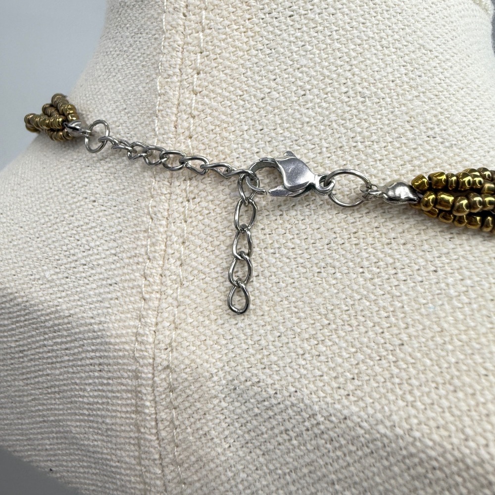 Dichroic Glass Teardrop Pendant Necklace Multi Strand Bronze Seed Beads - Picture 6 of 10